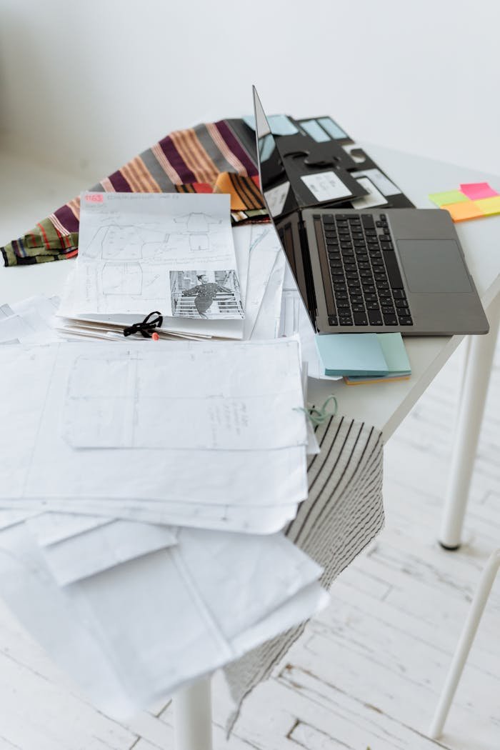 A cluttered desk with a laptop and design sketches, ideal for remote work themes.